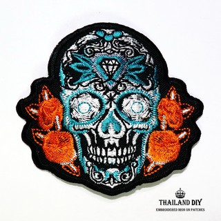 ตัวรีดติดเสื้อ กระโหลกเม็กซิกัน ตัวรีดรอยสักกระโหลก เม็กซิโก สีเขียว Sugar Skull Patch งานปัก DIY ตัวรีด ติดเสื้อ อาร์ม