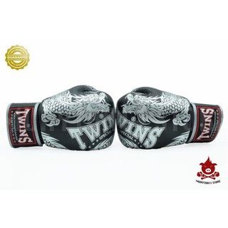 นวมชกมวย TWINS SPECIAL BOXING GLOVES FBGV 49 Dragon Style Black / Silver นวมต่อยมวย หนังแท้ สีดำ ลายมังกร ลายสีเงิน