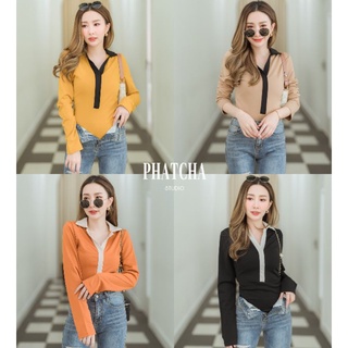 Long sleeve bodysuit บอดี้สูททูโทนแขนยาวมีปก งานแต่งปกตัดสีกับตัวเสื้อ เนื้อผ้าดีม๊ากกกก ยืดกระชับสัดส่วนใส่เก phatcha