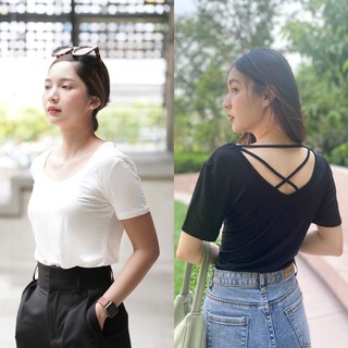 เสื้อยืดสีพื้น สีขาว สีดำ มีสายไขว้หลัง ทรงใส่สบาย ผ้ายืด นุ่มมาก ลดพิเศษ จำนวนจำกัด!!