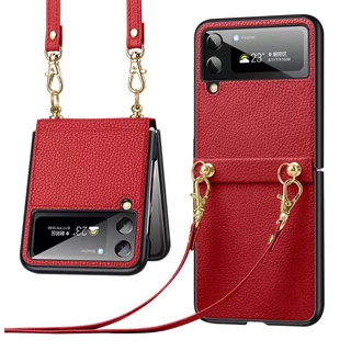 Leather Phone Case for Samsung Galaxy Z Flip 3 4 Flip3 Flip4 5G Crossbody Shockproof Protective Cover Strap Lanyard