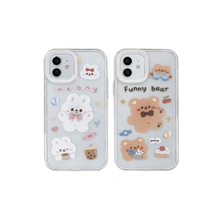 2 in 1 เคสโทรศัพท์มือถือแบบใส หนา กันกระแทก ลายกระต่าย หมีบราวน์ สีขาว สําหรับ iphone 6s 7 8 plus XR 11 12 13 pro max