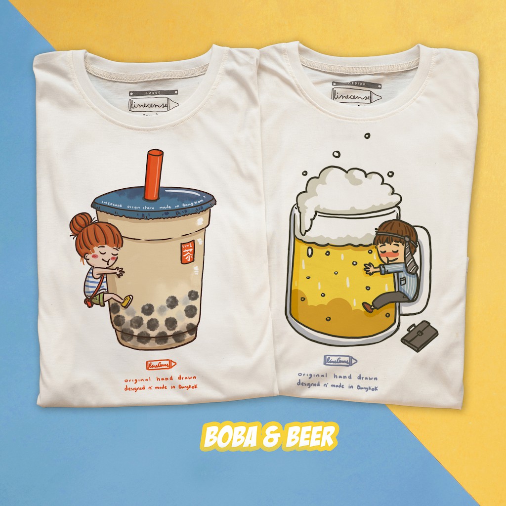 Boba Girl &  Beer Boy เสื้อยืด คุณภาพ เสื้อคู่ ชานม เบียร์