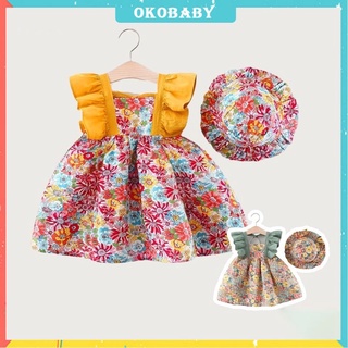 OKOBABY🌈พร้อมส่ง🌈ชุดเดรสเด็กผู้หญิง ลายดอกผ้าเนื้  เดรส+หมวก กระโปรงเด็กผู้หญิง 1-5ปี