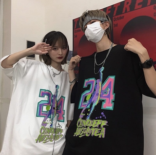 เสื้อยืดผู้ชาย90 - เสื้อยืดผู้ชาย Unisex เกาหลี Oversized 24 พิมพ์เสื้อยืดแขนสั้นคอกลมเสื้อยืดคู่สํ