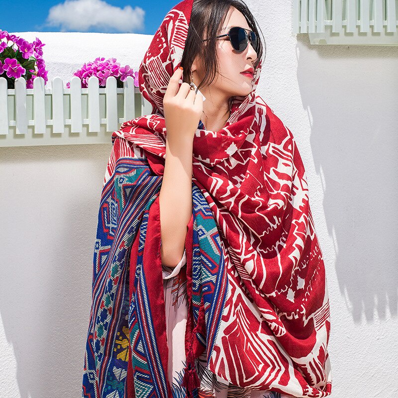 New Ethnic Scarf Female Tassel Print Large Shawl Spring Summer Travel Silk Scarf Seaside Holiday