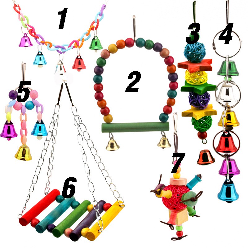 ของเล่นนก 7 ชิ้น สำหรับนกเล็ก ไว้ใส่ในกรงให้นกเล่นแก้เครียด