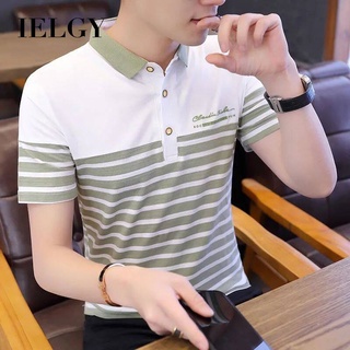 IELGY เสื้อโปโล แขนสั้น คอปก ลายทาง สําหรับผู้ชาย