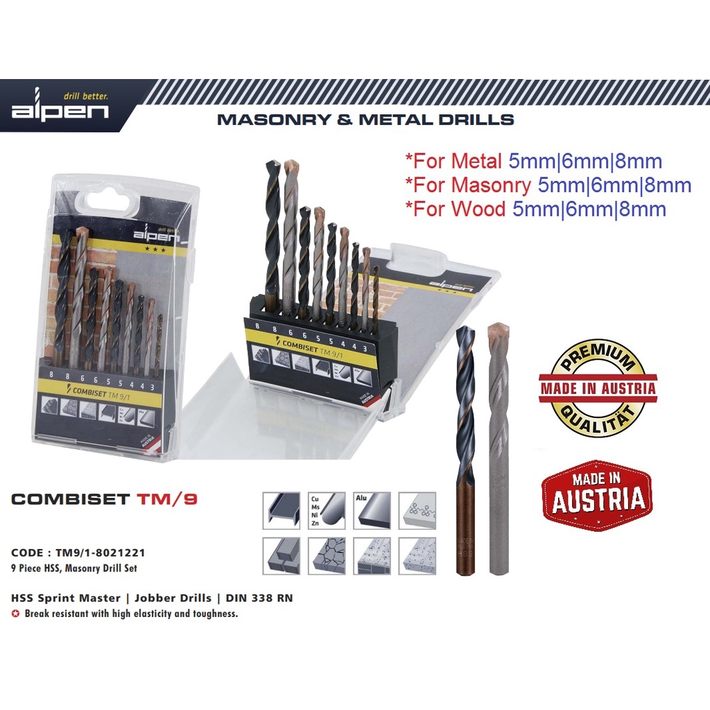 Alpen Combiset TM 9/1 ชุดดอกสว่าน HSS Twist & Masonry