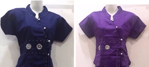 เสื้อคอจีนหญิงแขนสั้นแต่งโลหะลายช้างงานปักมือ