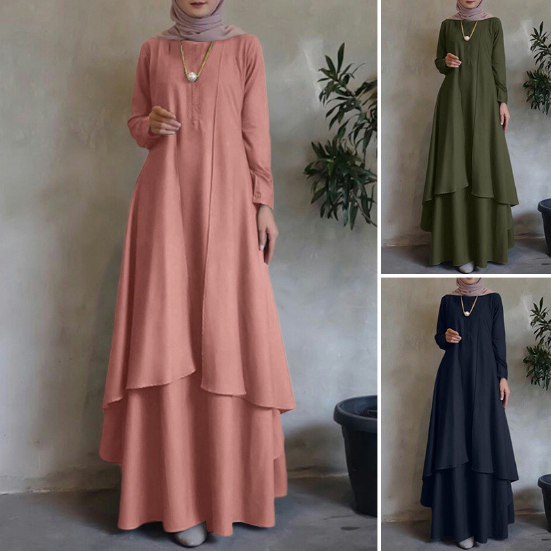 Zanzea ชุดแม็กซี่เดรส คอกลม แขนยาว สีพื้น สไตล์มุสลิม สําหรับผู้หญิง