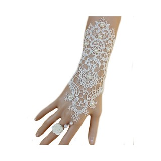 TANITTgems Vintage White Pearls French Lace Bridal Ring Gloves