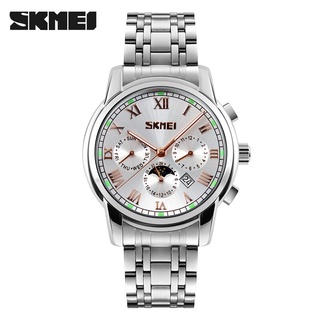 SKMEI Quartz Wristwatches Men Metal Mesh Stainless Steel Waterproof Watch Moon Phase Complete Calendar Business Watches