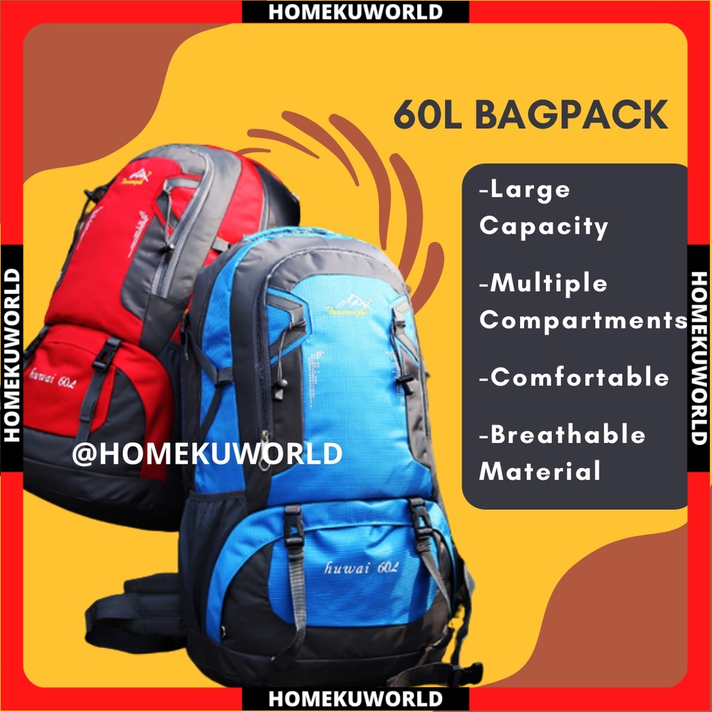 60L ขนาดใหญ่น้ําหนักเบา Bagpack เดินป่า Camping Outdoor Travel กีฬา Rucksack Duffel Beg ขนาดใหญ่