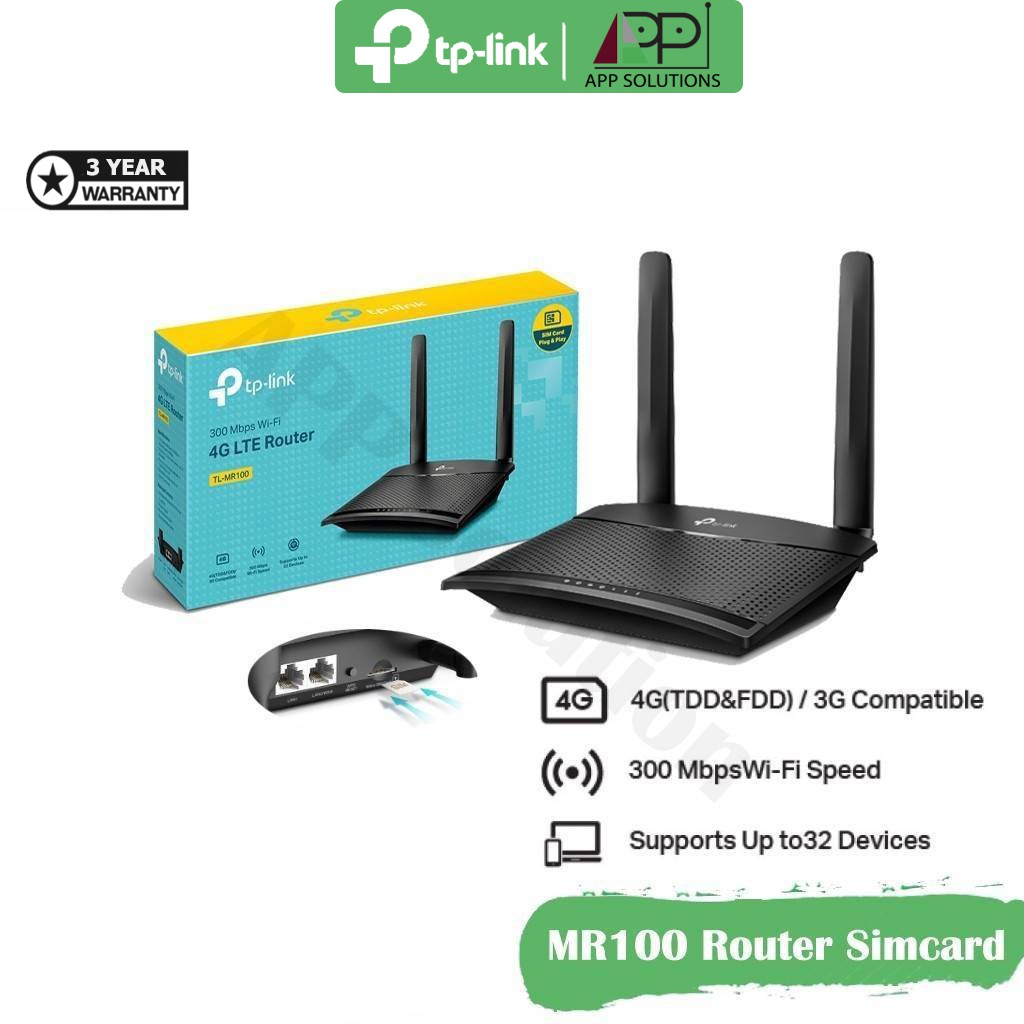 TP-LINK Router 4G LTE 300Mbp(รองรับทุกซิมทั่วไทย) รุ่นMR100(เร้าเตอร์ใส่ซิม)ประกัน3ปี