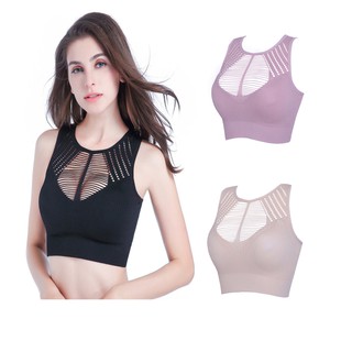 Sport Bra ยาวครึ่งตัว แต่งลายฉลุ หน้าหลัง มี3สี ดำ/นู้ด/ชมพู ไซต์ M-XL # 1446