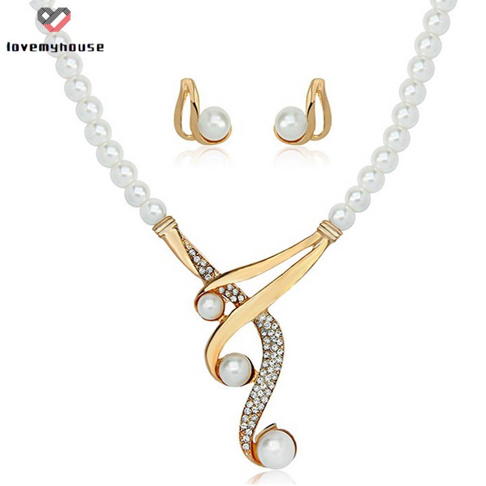 Women Lady Necklace + Earrings Crystal Imitation Pearl Pendant Wedding Party Bridal Jewelry Set