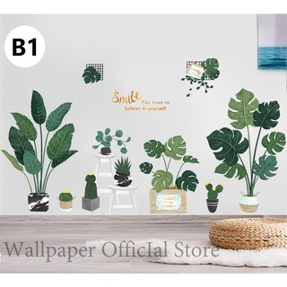 Wallpaperสติกเกอร์ ลายใบไม้สีเขียว สไตล์นอร์ดิก สำหรับติดตกแต่งสติ๊กเกอร์ติดผนังตกแต่งห้อง(B)