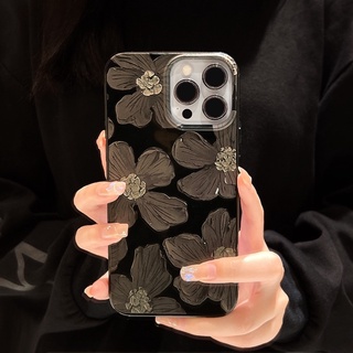 [ส่งจากไทย] เคสแบบนิ่ม สีดำเงา ลายภาพวาดสีน้ํามัน สําหรับ iPhone series 11 12 13 ลายดอกไม้