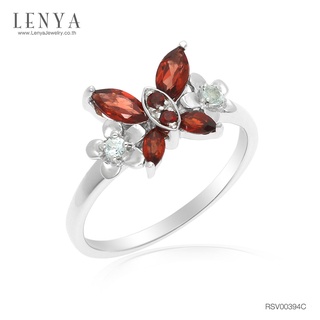 Lenya Jewelry แหวนเงิน 925 ดีไซน์รูปผีเสื้อท่ามกลางดอกไม้ ประดับพลอยแท้ โกเมน (Garnet) และ บูลโทแพซ (Blue Topaz) ดูเก๋ไก