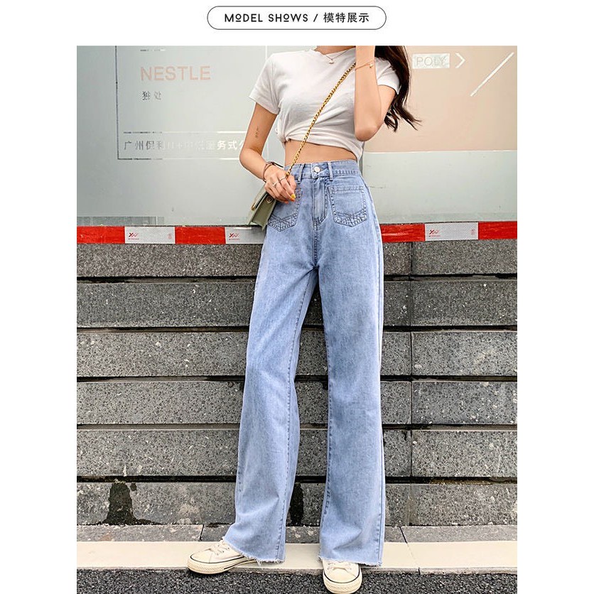 ஐ❍🌿SHOP MKLกางเกงยีนส์ขายาวสําหรับสตรีเอวสูงผ้าลายขาด #8017