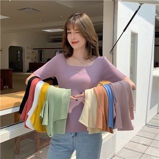 🇹🇭พร้อมส่ง🌸019🌸เสื้อคอเหลี่ยม แขนสั้นเนื้อนิ่มผ้าเด้ง