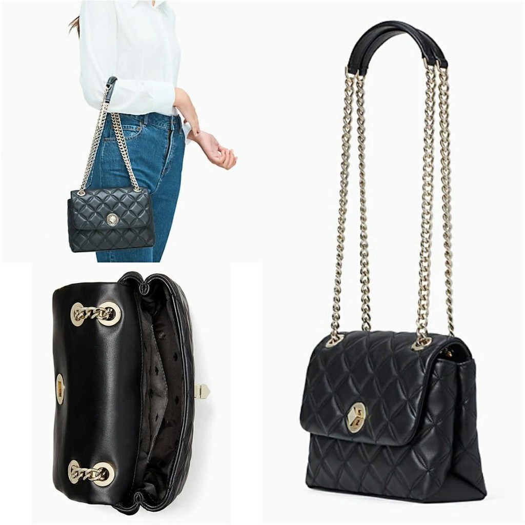 กระเป๋า Kate Spade Natalia Small Flap Crossbody Bag Handbag Quilted Black Leather หนังนิ่ม สีดำ 4264