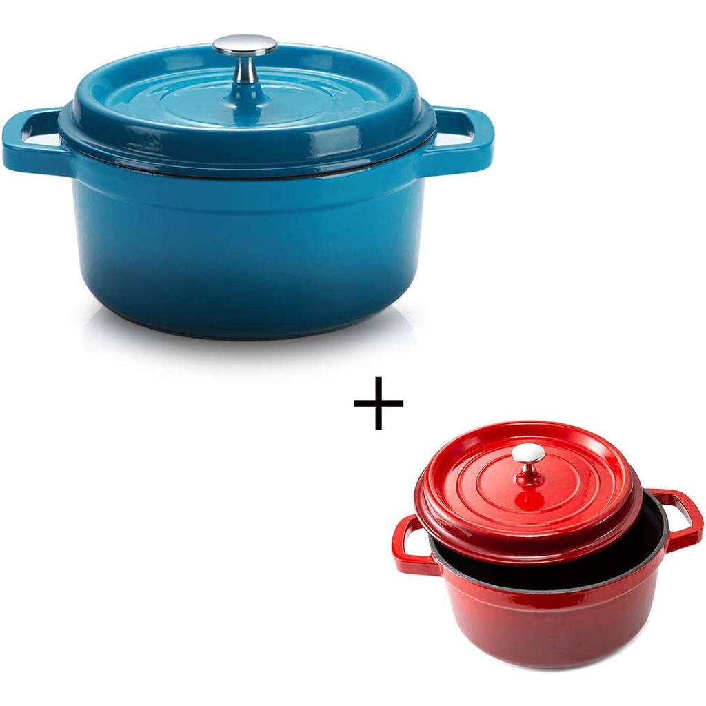 5+5qt SULIVES Enameled Cast Iron Dutch Oven Bread Baking Pot with Lid,Two specifications are bundled Peacock Blue+Red