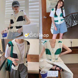 Cicishop(พร้อมส่ง)เสื้อไหมพรมแขนกุดหรือเป็นเสื้อกั๊ก กระดุมผ่ากลาง เนื้อผ้าทอสลับสี(Z2116)