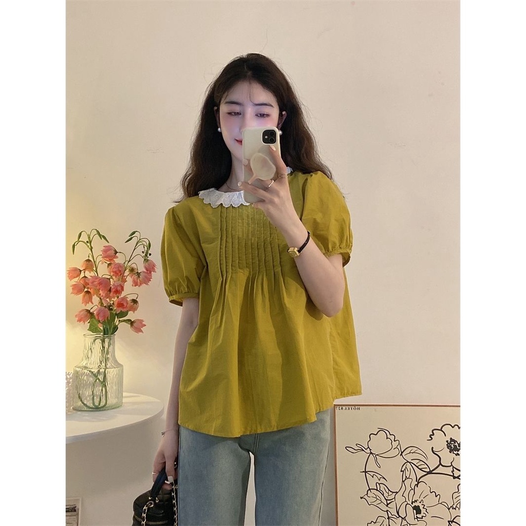 เสื้อเชิ้ตสตรีฤดูร้อนปี 2022 ใหม่ฝรั่งเศสเฉพาะแขนพัฟสวมเสื้อแขนสั้น ...