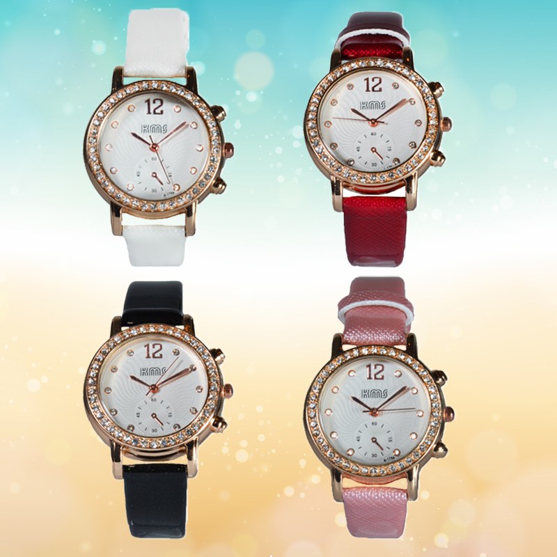 KMS Watch Diamond นาฬิกาข้อมือผู้หญิงขอบเพชร Pink Gold สายหนัง Muticolorful
