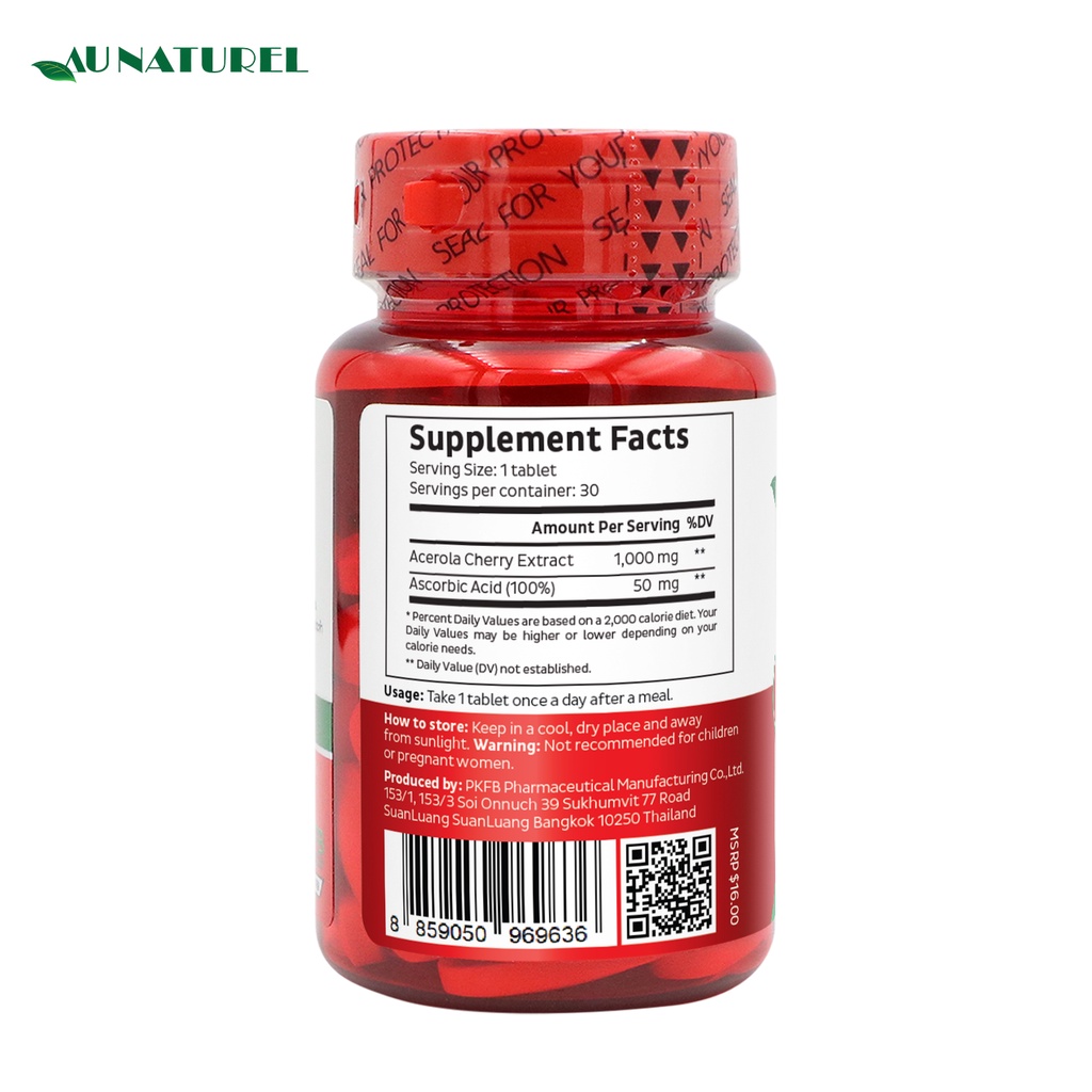 [แพ็ค 3 ขวด สุดคุ้ม] วิตามินซี Acerola Cherry 1000 mg อะเซโรล่าเชอร์รี่ 1000 มก.โอเนทิเรล Ascorbic Acid 50 mg AU NATUREL - รูปที่ 2