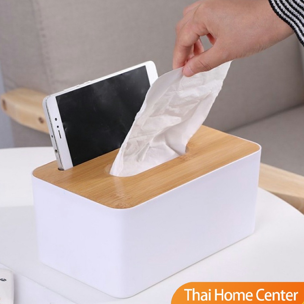 กล่องใส่กระดาษทิชชู่มีที่วางโทรศัพท์ ช่องอเนกประสงค์ Wood Tissue Box