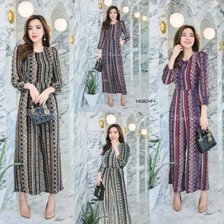MF14082 Jumpsuit  จั๊มสูทยาว คอกลม แขนยาวปลายแขนจั๊ม มีเชือกผูกเอว