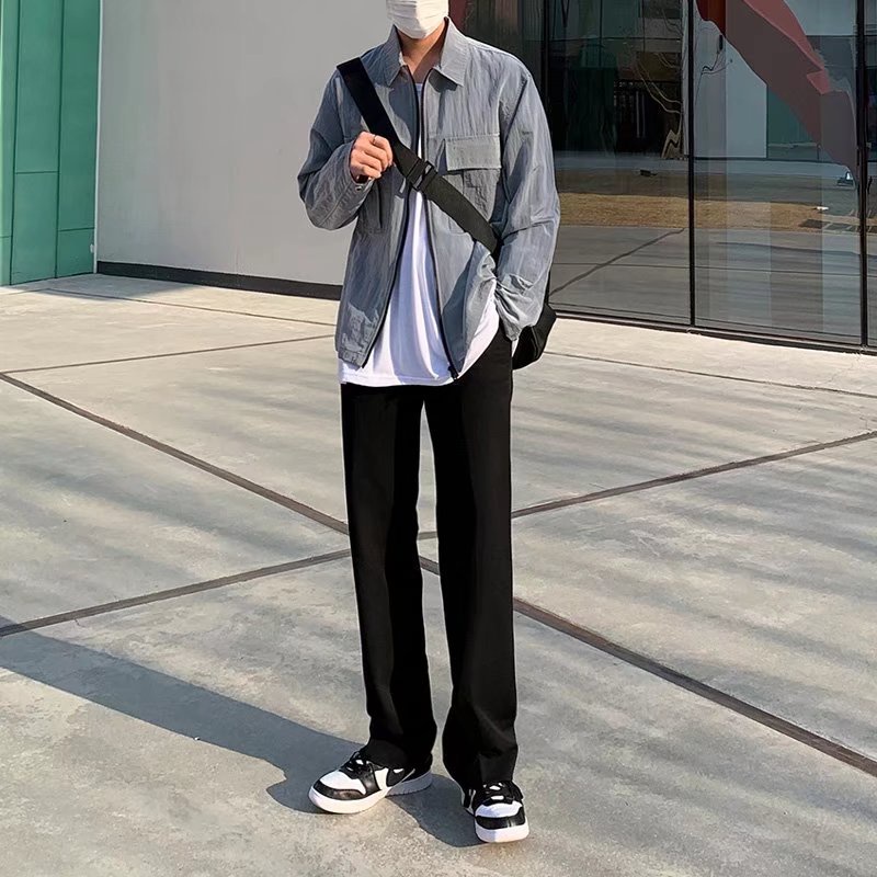 【KT】กางเกงขายาวลําลอง ขากว้าง ทรงหลวม สีดํา แฟชั่นฤดูใบไม้ผลิ และฤดูร้อน สําหรับผู้ชาย