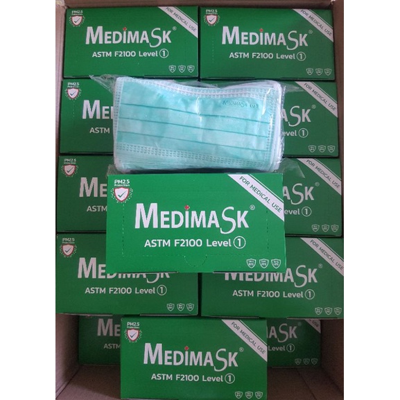 Medimask  ASTM  Lv.1 สีเขียว หน้ากากอนามัยทางการแพทย์ 3 ชั้น งานไทย ขายส่ง ขายยกลัง(20 กล่อง/ลัง)