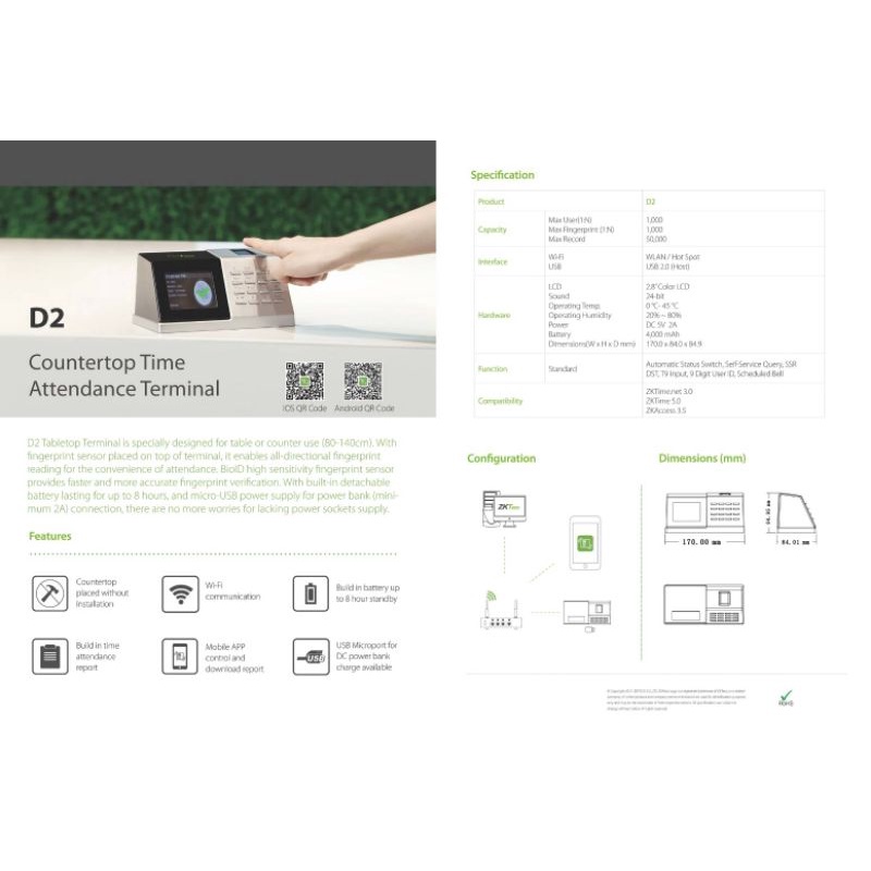 ZKTeco D2 เครื่องสแกนนิ้วมือ WiFi แบบตั้งโต๊ะ เชื่อมต่อผ่าน Wi-Fi รายงานผ่าน Application บนมือถือ มี