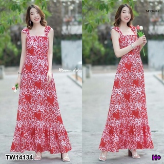 Maxi dress ลายหัวใจแดง ดีเทลสายเดี่ยวแต่งโบว์ 2 ชั้นที่หัวไหล่