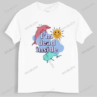 เสื้อยืดผ้าฝ้ายพรีเมี่ยม เสื้อยืด ผ้าฝ้าย พิมพ์ลายโลมา IM Dead Inside Sunshine สีดํา แฟชั่นสําหรับผู้ชาย