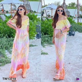 TW13718-ส้ม Maxi Dress เดรสยาว เปิดไหล่ ใส่ได้สองแบบเลยเป็นเกาะก็ได้หรือเปิดไหล่ก็ได้ ผ้าสปันลายมัดย้อม