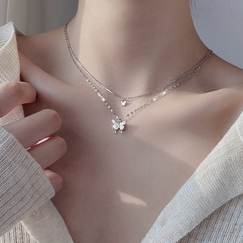 Vng CAVER Charm Butterflaies สร้อยคอโซ่เงินจี้ Elegant Crystal Clavicle สร้อยคอผู้หญิง Lady Jewelry