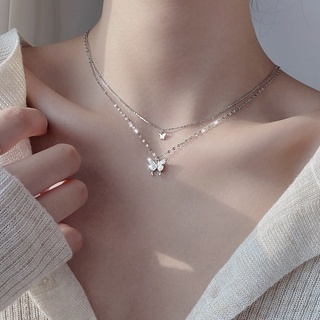 สร้อยคอ Charm Butterflies Silver Chain Necklace Pendant Elegant Crystal Clavicle Necklaces for Women Lady Jewelry