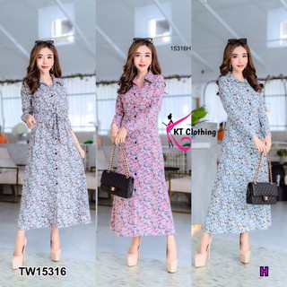 CS15316 Maxi Dress แม็กซี่เดรสแขนยาว ติดกระดุมผ่าด้านหน้า คอเดรสเป็นคอปกเช็ต