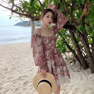 เดรสสั้น แขนยาว กระเปรงพริ้วพอง ผ้าซรฟอง สวยเก๋ 👗