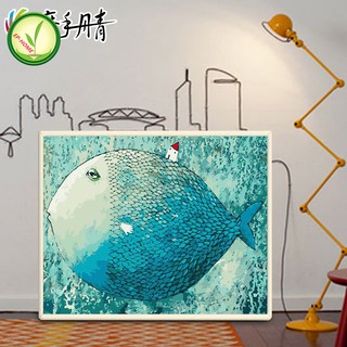 EP-HOME DIY ภาพวาดสีน้ำมัน ภาพระบายสีตามตัวเลข Blue sleep fish unframe