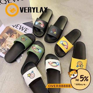 Overylay รองเท้าเเตะเเบบสวม รองเท้าเเฟชั่น ลายอมยิ้มน่ารักๆ สวมใส่สบาย