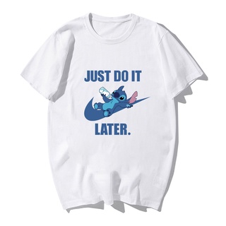 เสื้อยืดผ้าฝ้ายเสื้อยืดแขนสั้นลําลอง คอกลม ผ้าฝ้าย พิมพ์ลาย Stitch Just Do It Later สีขาว แฟชั่นสําหรับผู้ชาย 2022L XL