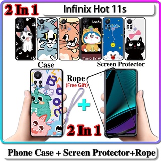 2 IN 1 เคส Infinix Hot 11s พร้อมกระจกนิรภัยกันรอยหน้าจอโค้ง เซรามิค ลายแมวและโดราเอมอน