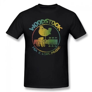 ROUND คอลูกเรือเสื้อยืดแขนสั้นลําลอง ผ้าฝ้าย พิมพ์ลายโลโก้ Woodstock สีสันสดใส แฟชั่นฤดูร้อน-4XL