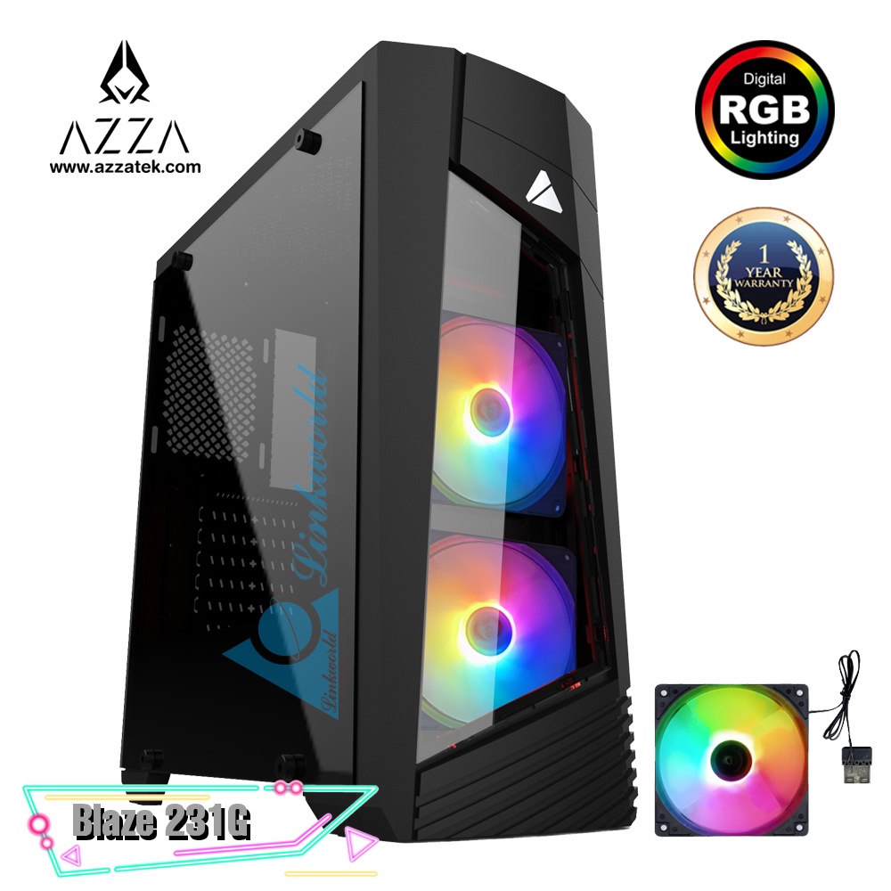 AZZA  Blaze 231G ATX Mid-Tower Tempered Glass RGB Gaming Case (Front With  Rainbow RGB Fan x2) – Black